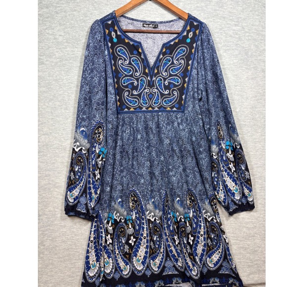 White Mark Womens 2X Paisley Print Long Sleeve V Neck Dress Blue Bohemian - Picture 1 of 6